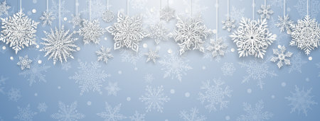 Christmas illustration with beautiful complex paper snowflakes, white on light blue background