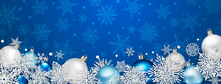 Christmas illustration with beautiful complex white paper snowflakes and colored balls on blue backgroundのイラスト素材
