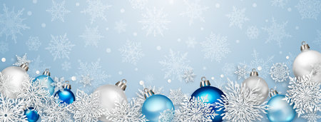 Christmas illustration with beautiful complex white paper snowflakes and colored balls on light blue backgroundのイラスト素材