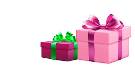 Festive illustration with two colored gift boxes with ribbons and bows on white backgroundのイラスト素材