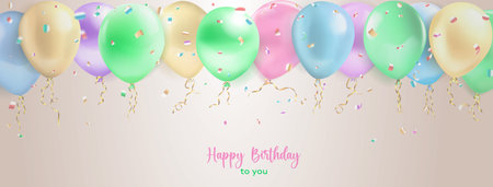 Festive birthday illustration in pastel colors with a helium balloons, pieces of serpentine and lettering Happy Birthday to you on beige backgroundのイラスト素材
