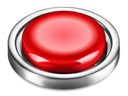 Realistic big red plastic button with shiny metallic border on white backgroundのイラスト素材