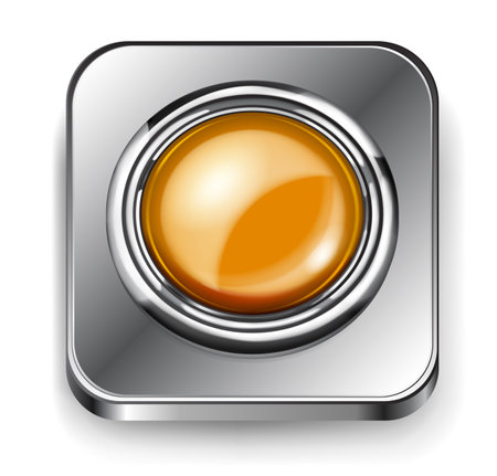 Realistic big yellow plastic button with shiny metallic border and square metal base with rounded corners. With shadow on white backgroundのイラスト素材