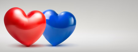 Valentine's day illustration with two big shiny hearts, red and blue, on a white backgroundのイラスト素材