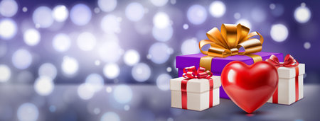 Valentine's day illustration with big red heart and several colored gift boxes with ribbons and bows on a blurred background with bokeh effectのイラスト素材
