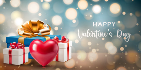 Valentine's day illustration with big red heart and several colored gift boxes with ribbons and bows on a blurred background with bokeh effectのイラスト素材
