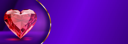 Valentine's day illustration with big red crystal faceted heart on blue background, golden strip and place for textのイラスト素材