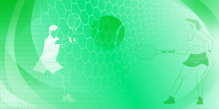 Tennis themed background in green tones with abstract lines curves and dots, with two tennis players, a man and a woman, swinging a rackets to hit the ball awayのイラスト素材