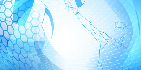 Volleyball themed background in blue tones with abstract meshes, curves and dotted lines, with a male volleyball player hitting the ballのイラスト素材