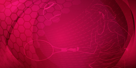 Tennis themed background in crimson tones with abstract meshes, curves and dotted lines, with a female tennis player in action, swinging a racket to hit the ball awayのイラスト素材