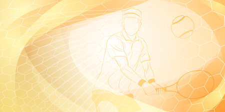Tennis themed background in yellow tones with abstract meshes, curves and lines, with a male tennis player in action, holding a racket to hit the ball awayのイラスト素材