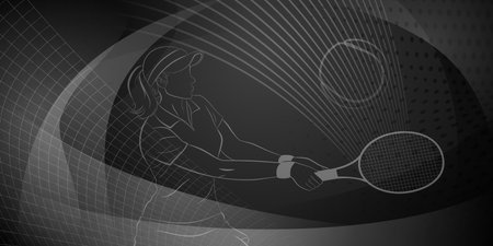 Tennis themed background in black tones with abstract lines, curves and dots, with a female tennis player in action, swinging a racket to hit the ball awayのイラスト素材