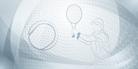 Tennis themed background in gray tones with abstract meshes, curves and dots, with a male tennis player in action, holding a racket to hit the ball awayのイラスト素材