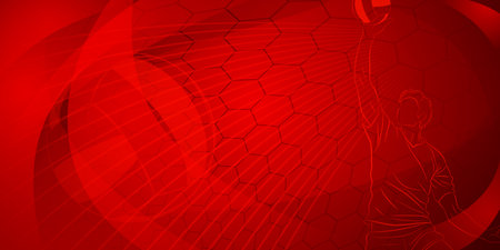 Volleyball themed background in red tones with abstract meshes, curves and lines, with a male volleyball player hitting the ballのイラスト素材