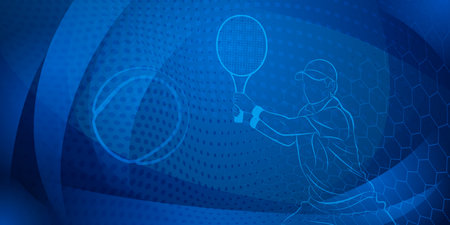 Tennis themed background in dark blue tones with abstract meshes, curves and dots, with a male tennis player in action, holding a racket to hit the ball awayのイラスト素材
