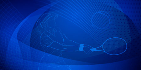 Tennis themed background in dark blue tones with abstract lines, curves and dots, with a female tennis player in action, swinging a racket to hit the ball awayのイラスト素材