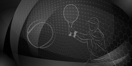 Tennis themed background in black tones with abstract meshes, curves and dots, with a male tennis player in action, holding a racket to hit the ball awayのイラスト素材