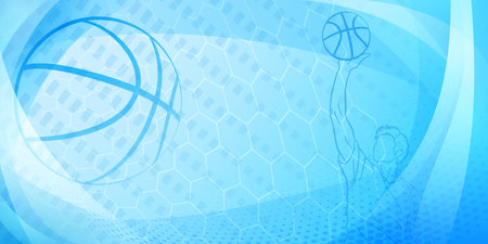 Basketball themed background in blue tones with abstract meshes, curves and dots, with a male basketball player and ballのイラスト素材