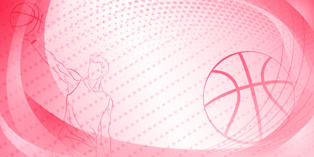 Basketball themed background in pink tones with abstract lines, curves and dots, with a male basketball player and ballのイラスト素材