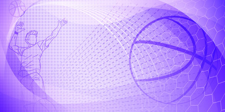 Basketball themed background in purple tones with abstract lines, meshes and dots, with a male basketball player and ballのイラスト素材