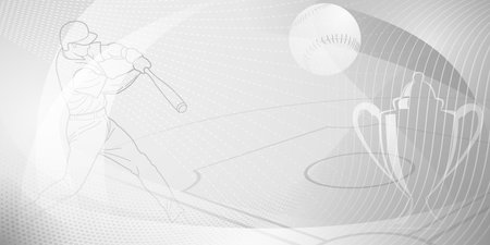 Baseball themed background in gray tones with abstract dotted lines, dots and curves, with silhouettes of a baseball field, cup, ball and batsmanのイラスト素材