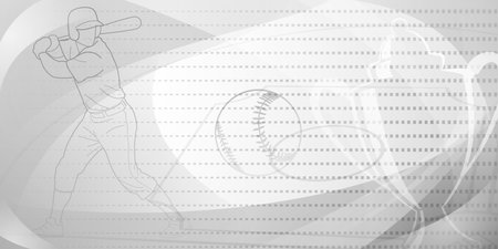 Baseball themed background in gray tones with abstract dotted lines and curves, with silhouettes of a baseball field, cup, ball and batsmanのイラスト素材