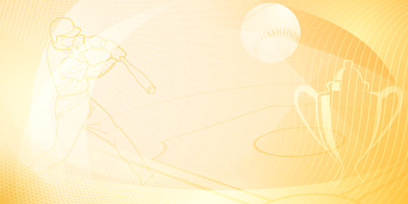 Baseball themed background in yellow tones with abstract dotted lines, dots and curves, with silhouettes of a baseball field, cup, ball and batsmanのイラスト素材