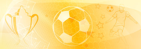 Football themed background in yellow tones with abstract meshes and dots, with sport symbols such as a football player, cup and ballのイラスト素材