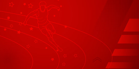Runner themed background in red tones with abstract lines and dots, with sport symbols such as a male athlete and a running trackのイラスト素材