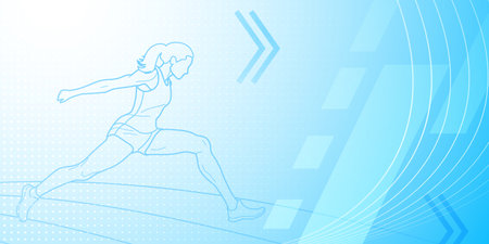 Long jumper themed background in blue tones with abstract lines and dots, with sport symbols such as a female athlete and a running trackのイラスト素材