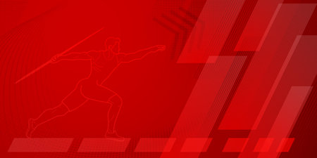 Javelin thrower themed background in red tones with abstract lines and dots, with sport symbols such as a male athleteのイラスト素材