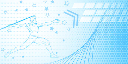 Javelin thrower themed background in blue tones with abstract lines and dots, with sport symbols such as a male athleteのイラスト素材