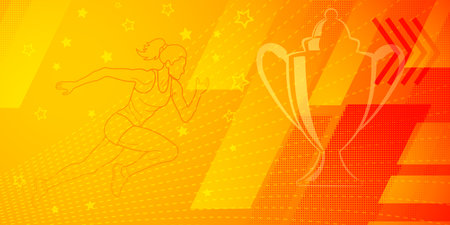 Runner themed background in yellow and red tones with abstract lines and dots, with sport symbols such as a female athlete and a cupのイラスト素材