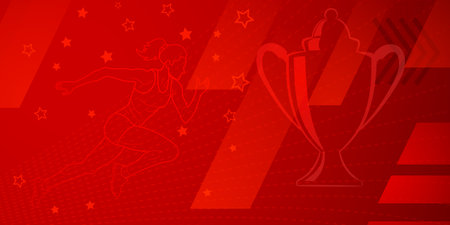 Runner themed background in red tones with abstract lines and dots, with sport symbols such as a female athlete and a cupのイラスト素材