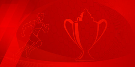 Runner themed background in red tones with abstract curves and mesh, with sport symbols such as a male athlete, running track and a cupのイラスト素材