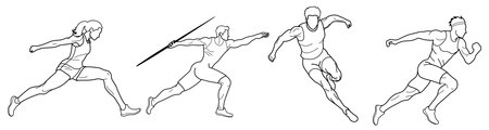 Set of athletes runners, jumpers and javelin thrower, drawn in outlines, black on white backgroundのイラスト素材