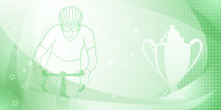 Cycling themed background in green colors with sport symbols such as an athlete cyclist and a cup, as well as abstract curves and dotsのイラスト素材