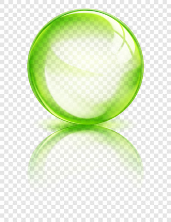 Large translucent sphere in green colors with reflection, glares and shadow on transparent background. Vector illustration for design projects and creative worksのイラスト素材