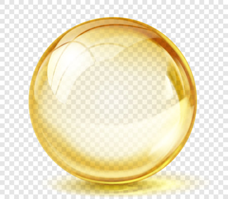 Large translucent shiny sphere of yellow color with glare and shadow on transparent background. Vector illustration for design projects and creative worksのイラスト素材