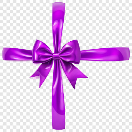 Beautiful large purple shiny bow with crosswise ribbons and soft shadow on transparent background. Vector illustration for design projects and creative works.のイラスト素材