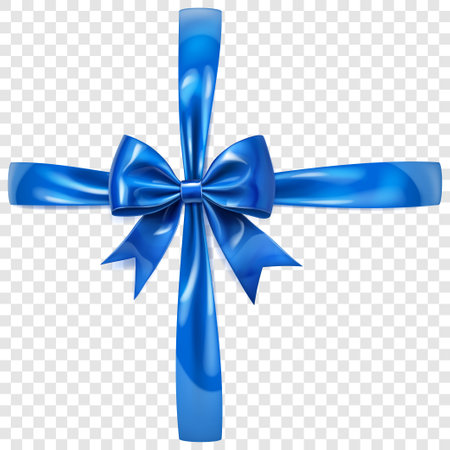 Beautiful large blue shiny bow with crosswise ribbons and soft shadow on transparent background. Vector illustration for design projects and creative works.のイラスト素材