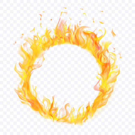 Ring made of translucent orange tongues of fire and sparks on transparent background. For used on light illustrations. Transparency only in vector formatのイラスト素材