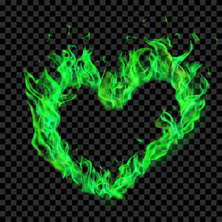Translucent green burning flames in the shape of a heart on transparent background. For used on dark illustrations. Transparency only in vector formatのイラスト素材