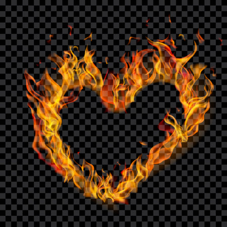 Translucent orange burning flames in the shape of a heart on transparent background. For used on dark illustrations. Transparency only in vector formatのイラスト素材