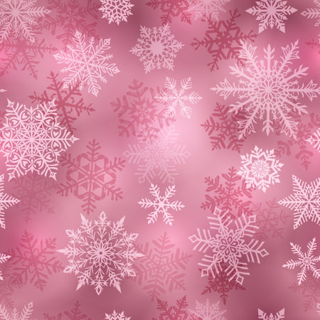 Christmas seamless pattern of beautiful complex white snowflakes on pink background. Winter illustration with falling snow.のイラスト素材