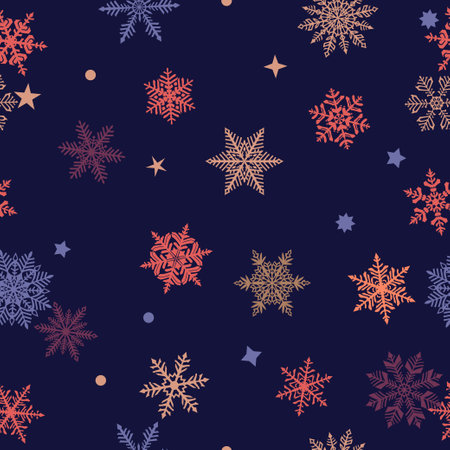 Christmas seamless pattern of beautiful complex colored snowflakes on dark blue background. Winter illustration with falling snow.のイラスト素材