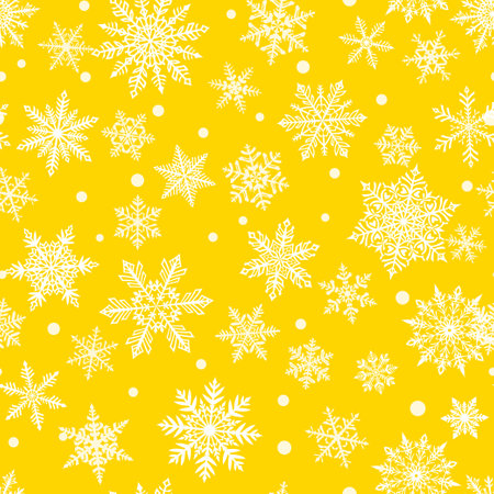 Christmas seamless pattern of beautiful complex white snowflakes on yellow background. Winter illustration with falling snow.のイラスト素材
