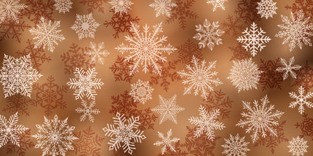 Christmas background of beautiful complex snowflakes, white on brown. Winter illustration with falling snow.のイラスト素材
