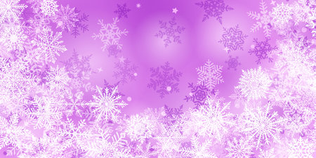 Christmas background of beautiful complex snowflakes located below, white on purple colors. Winter illustration with falling snow.のイラスト素材