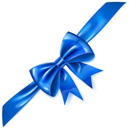 Beautiful large blue shiny bow with diagonal ribbon and soft shadow on white background.のイラスト素材